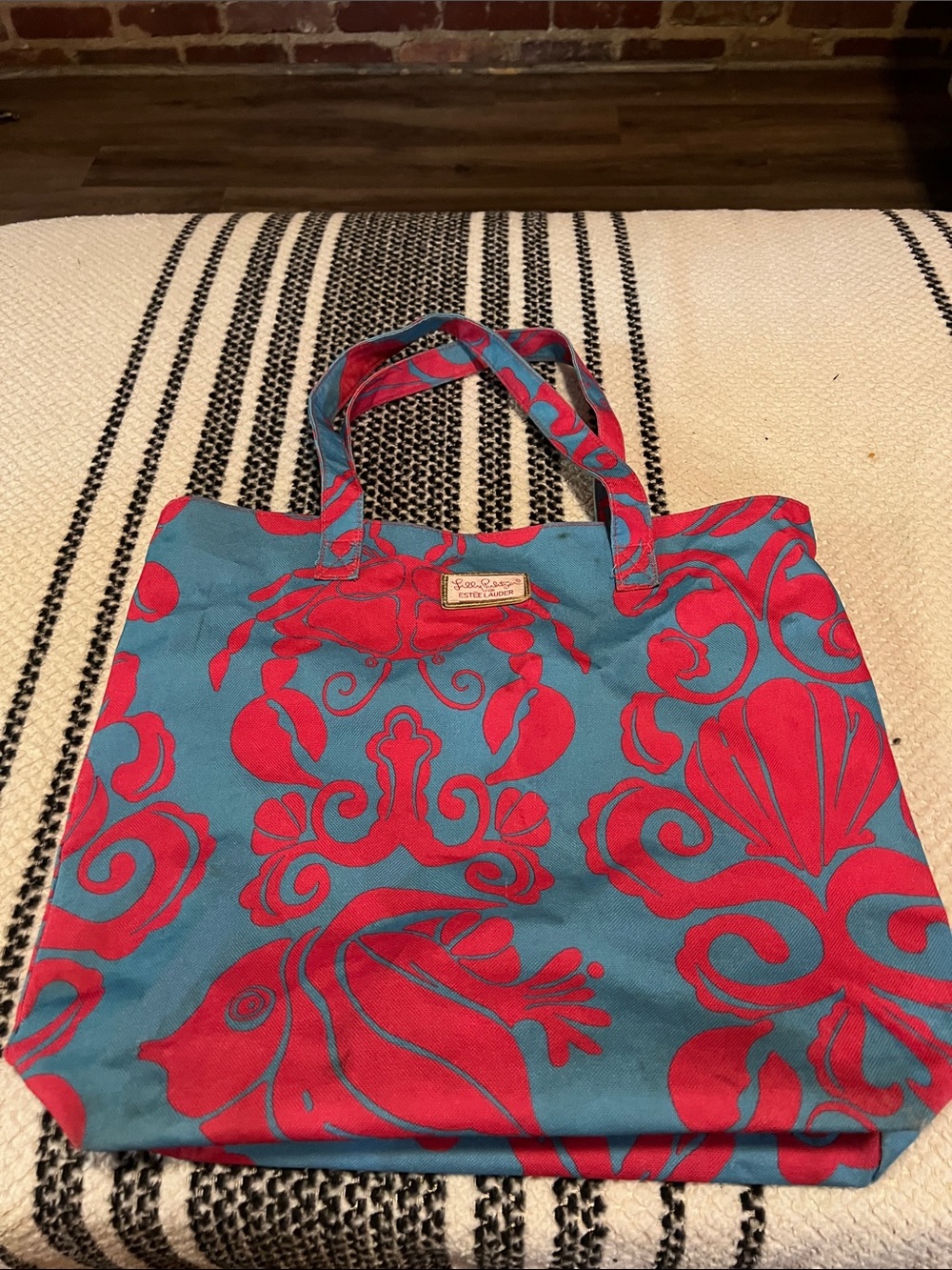 Lilly Pulitzer for Estēe Lauder Blue and Pink Patterned Canvas Tote